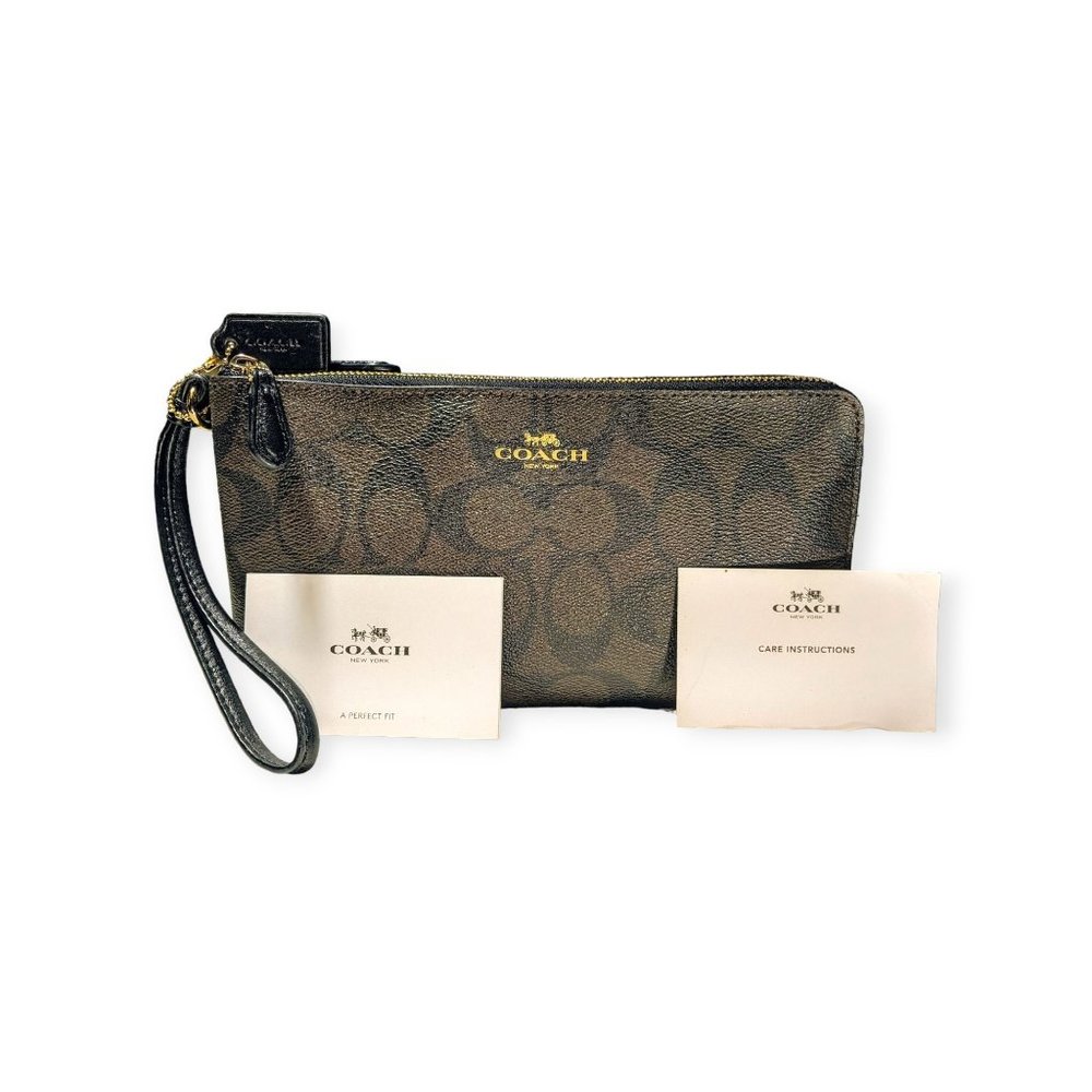 LG Brown Black Signature Wristlet Wallet Double Zip Coated Canvas F54057 2016